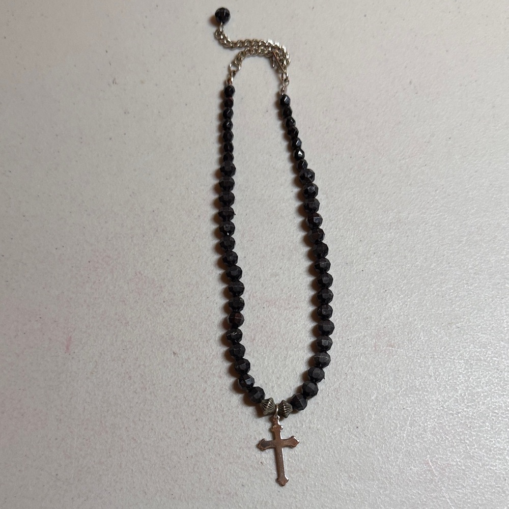 Black Beaded Necklace with Cross Pendant